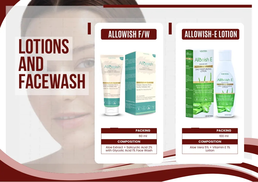 Acroveda & Dermacare catalogue, page 7: Allowish Face Wash, Allowish-E Lotion