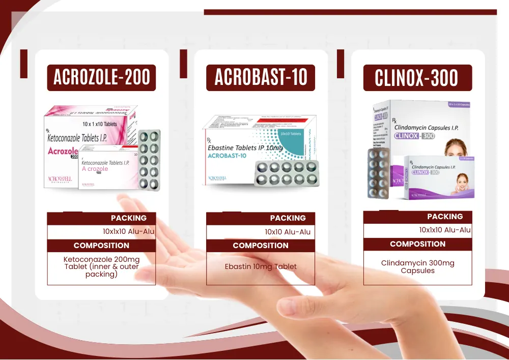 Acroveda & Dermacare catalogue, page 14: Acrozole-200, Acrobast-10, Clinox-300