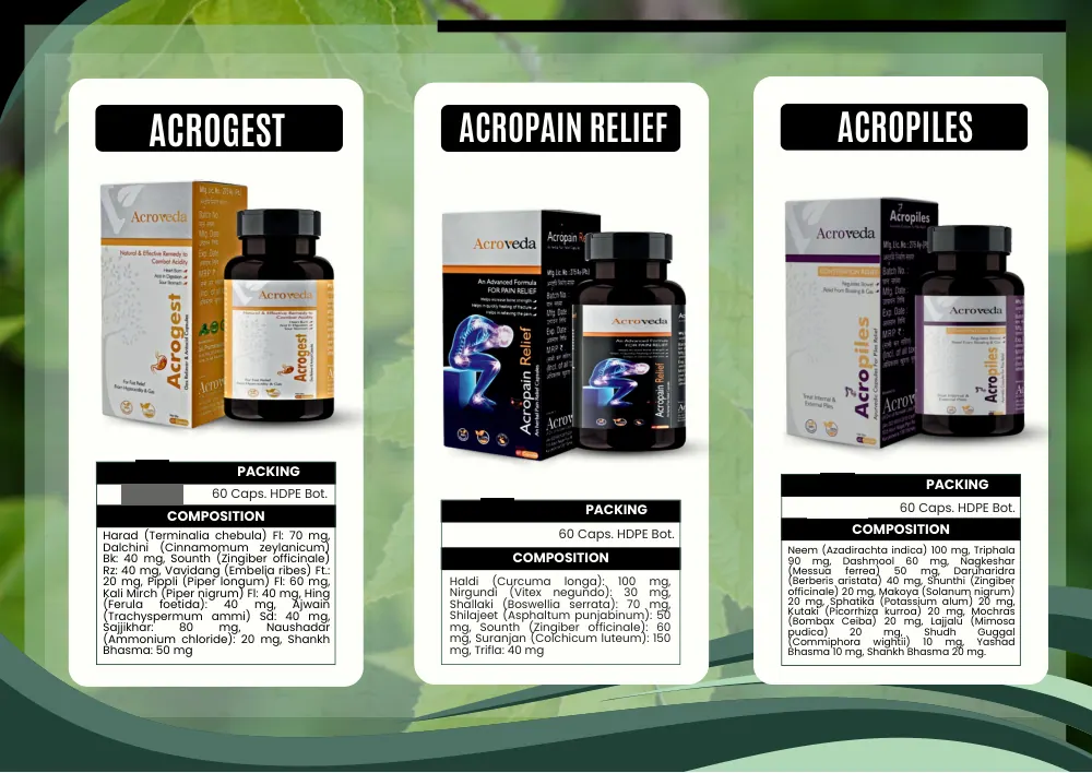 Acroveda & Dermacare catalogue, page 25: Acrogest, Acropain Relief, Acropiles
