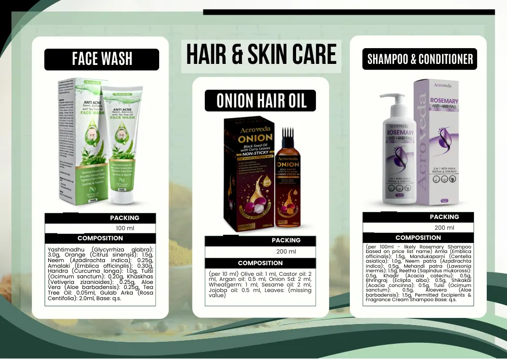 Acroveda & Dermacare catalogue, page 33: Neem Tulsi Face Wash, Onion Hair Oil