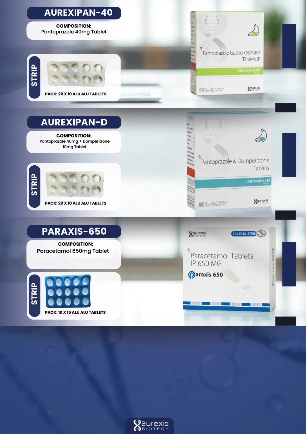 Aurexis Biotech catalogue, page 13: Aurexipan-40, Aurexipan-D, Paraxis-650