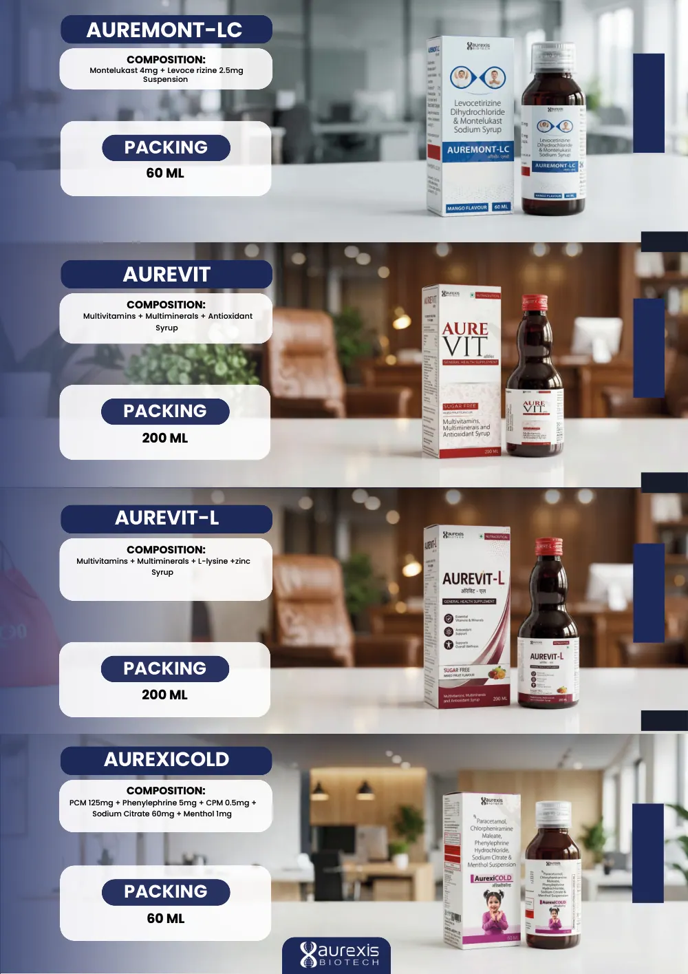 Aurexis Biotech catalogue, page 19: Aurevit-L, Auremont-LC, Aurevit, Aurexicold