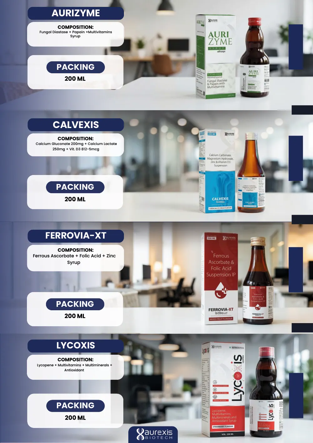 Aurexis Biotech catalogue, page 21: Ferrovia-XT, Aurizyme, Calvexis-D3, Lycoxis