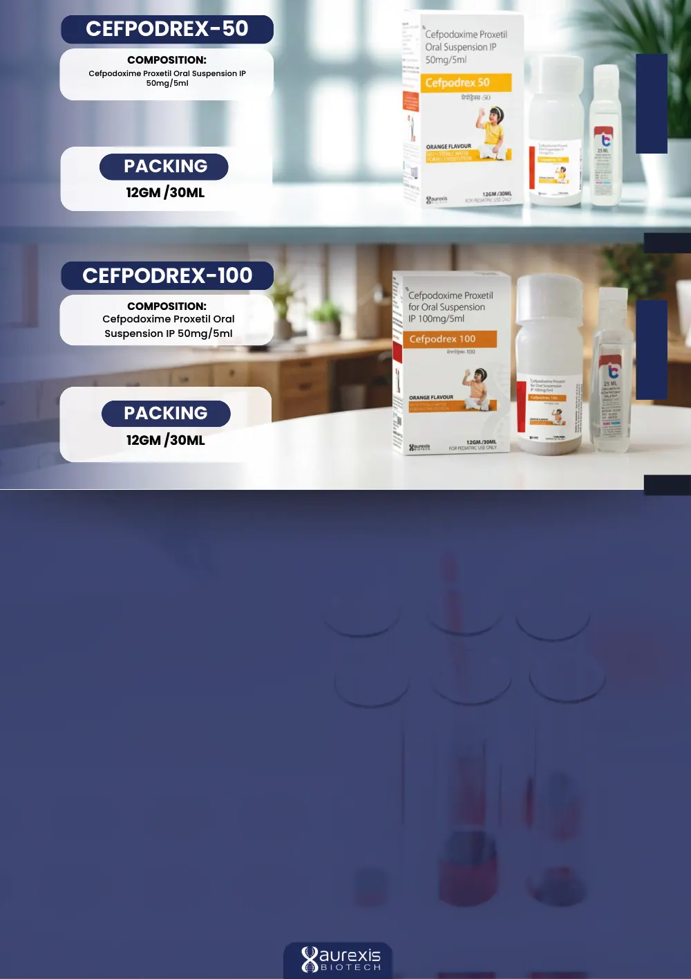 Aurexis Biotech catalogue, page 25: Cefpodrex-50, Cefpodrex-100