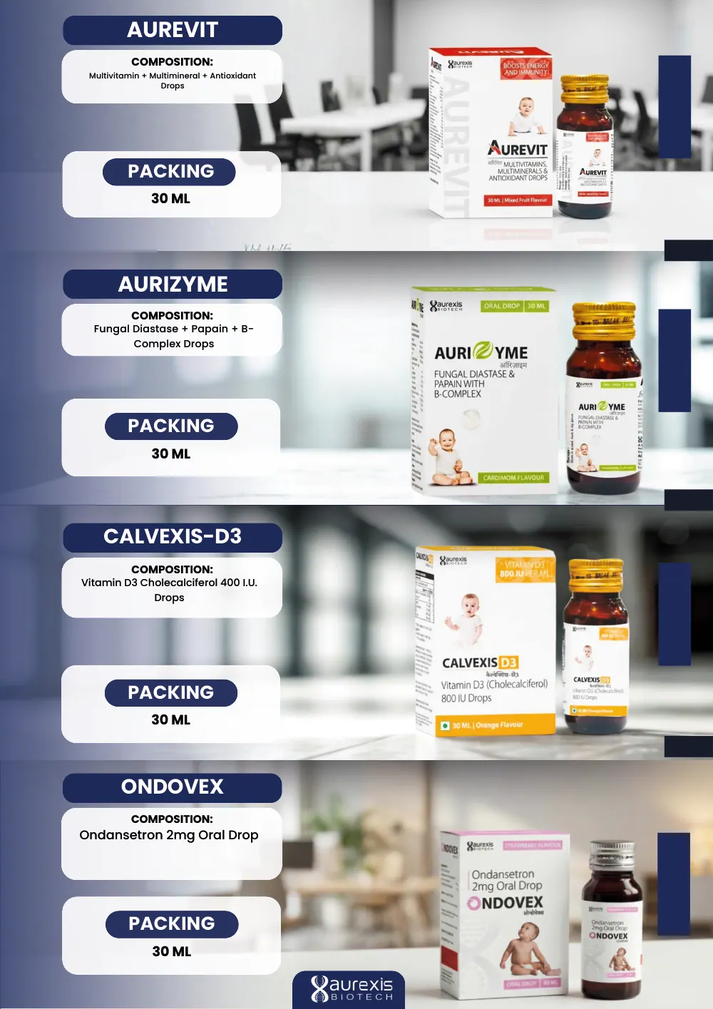 Aurexis Biotech catalogue, page 26: Calvexis-D3, Aurevit, Aurizyme, Ondovex