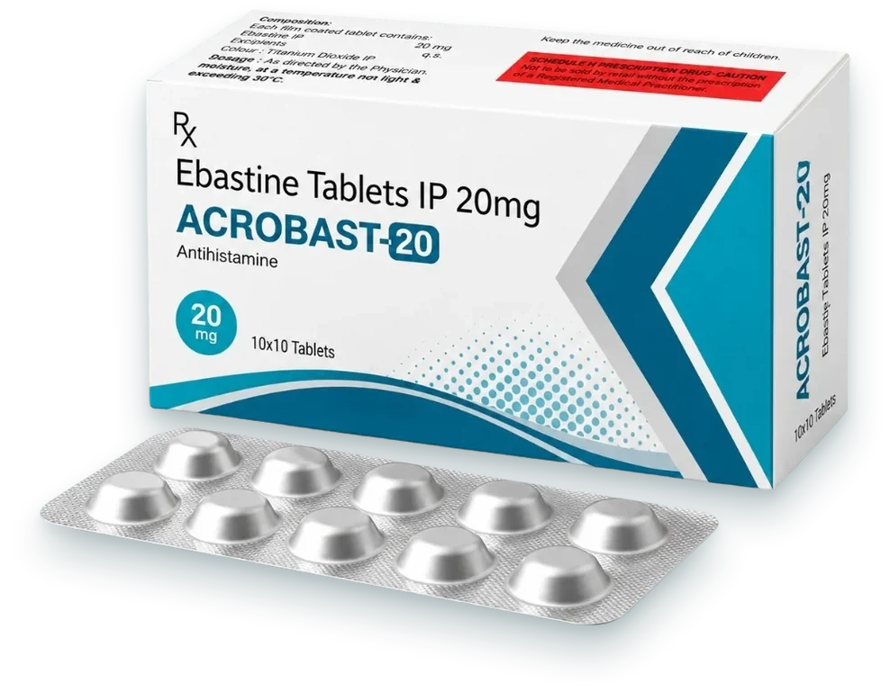 Acrobast-20 (Ebastine 20mg Tablet) tablets pack by Acrowell Dermacare
