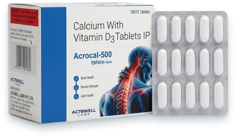 Acrocal-500 (Calcium Carbonate 500mg + Vitamin D3 250IU Tablet) tablets pack by Acrowell Labs
