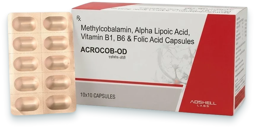 Acrocob-OD (Methylcobalamin 1500mcg + Alpha Lipoic Acid 100mg + Pyridoxine HCl…) capsules pack by Acrowell Labs
