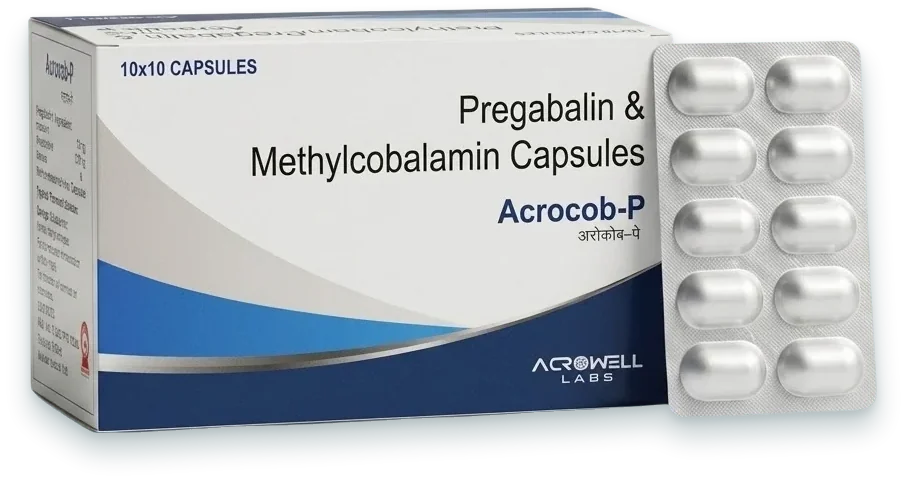 Acrocob-P (Methylcobalamin 750mcg + Pregabalin 75mg Capsule) capsules pack by Acrowell Labs