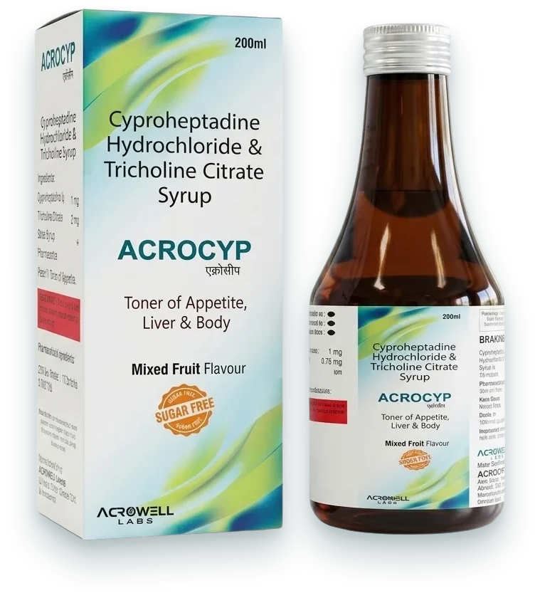Acrocyp (Cyproheptadine 2mg + Tricholine 275mg + Sorbitol Syrup (Sugar Free)) syrups & suspensions pack by Acrowell Labs