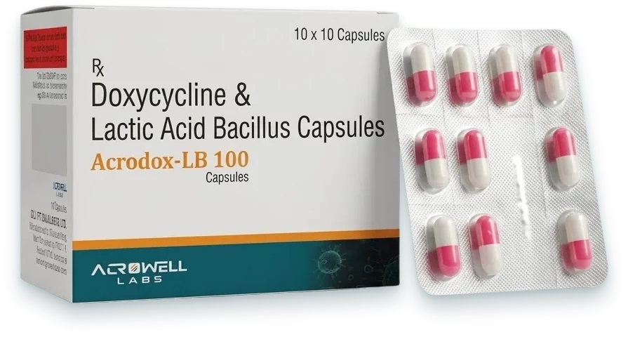 Acrodox-LB100 (Doxycycline + Lactic Acid Bacillus Capsules) capsules pack by Acrowell Labs