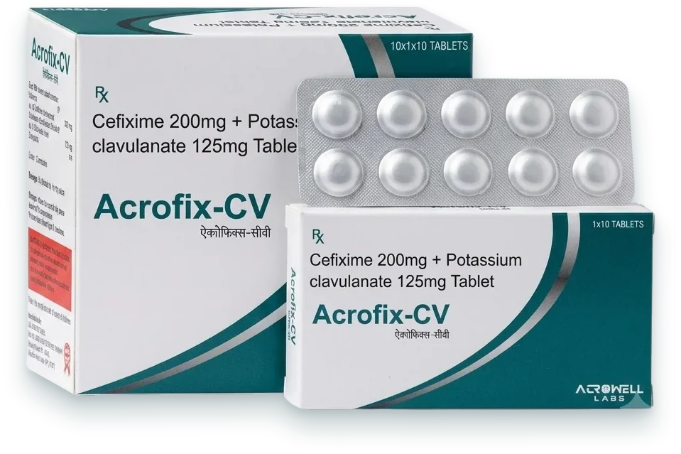 Acrofix-CV (Cefixime 200mg + Potassium Clavulanate 125mg Tablet) tablets pack by Acrowell Labs