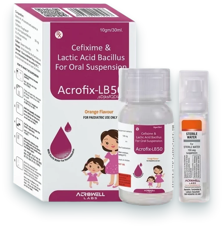 Acrofix-LB50 (Cefixime + Lactic Acid Bacillus for Oral Suspension) dry syrups pack by Acrowell Labs