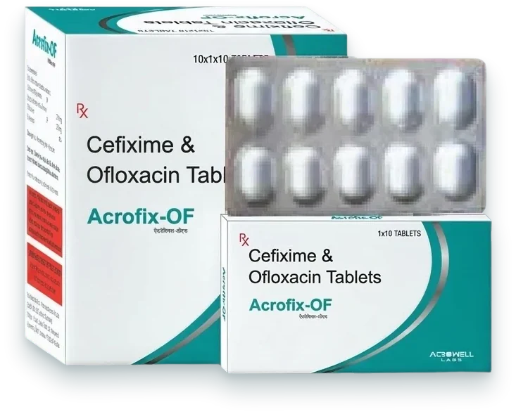 Acrofix-OF (Cefixime 200mg + Ofloxacin 200mg Tablet) tablets pack by Acrowell Labs