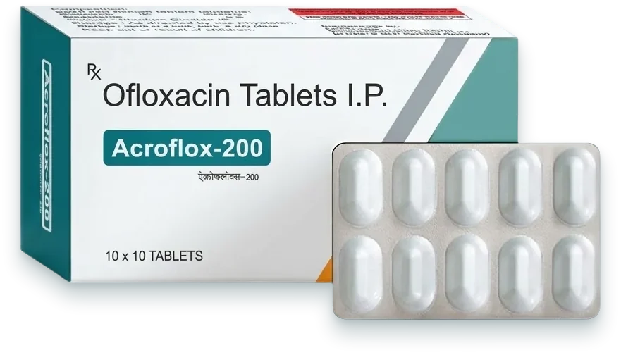 Acroflox-200 (Ofloxacin 200mg Tablet) tablets pack by Acrowell Labs