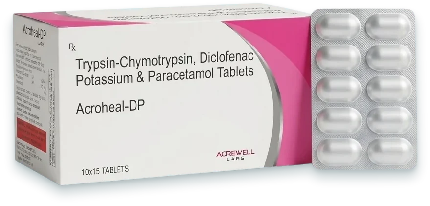 Acroheal-DP (Trypsin-Chymotrypsin 50,000 AU + Diclofenac 50mg + Paracetamol…) tablets pack by Acrowell Labs