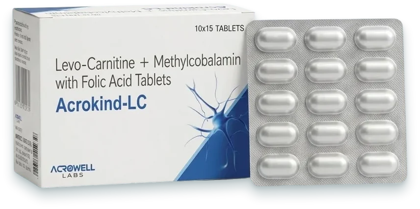 Acrokind-LC (L-Carnitine L-Tartrate 500mg + Methylcobalamin 1500mcg + Folic…) tablets pack by Acrowell Labs