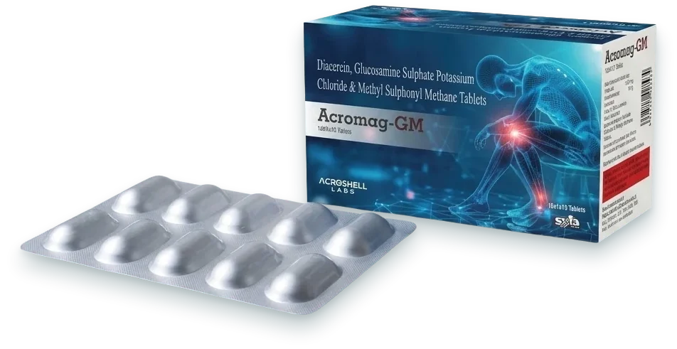 Acromag-GM (Diacerein 50mg + Glucosamine + MSM 250mg Tablet) tablets pack by Acrowell Labs