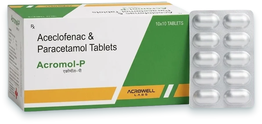 Acromol-P (Aceclofenac 100mg + Paracetamol 325mg Tablet) tablets pack by Acrowell Labs