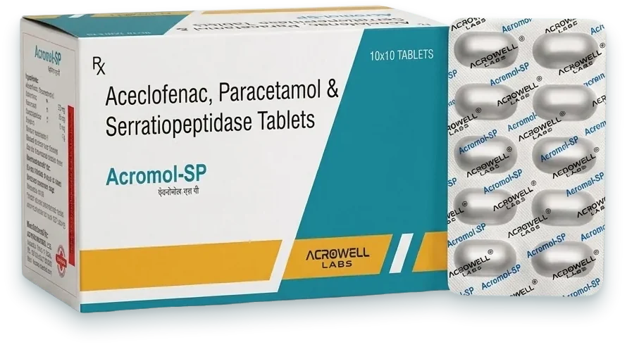 Acromol-SP (Aceclofenac 100mg + Paracetamol 325mg + Serratiopeptidase 15mg Tablet) tablets pack by Acrowell Labs