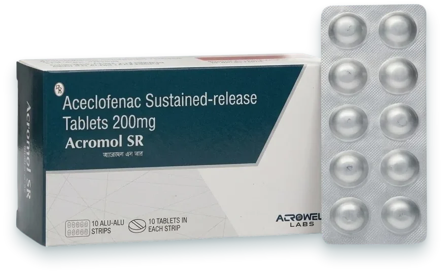 Acromol-SR (Aceclofenac 200mg Sustained-release Tablet) tablets pack by Acrowell Labs