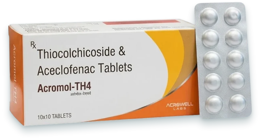 Acromol-TH4 (Aceclofenac 100mg + Thiocolchicoside 4mg Tablets) tablets pack by Acrowell Labs
