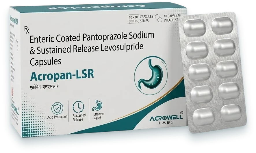 Acropan-LSR (Pantoprazole 40mg + Levosulpiride 75mg Capsules) capsules pack by Acrowell Labs