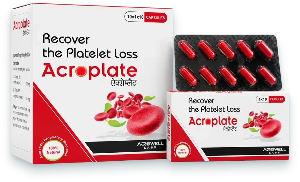 Acroplate Capsules (Carica Papaya 370mg + Tinospora Cordifolia 125mg Capsule) capsules pack by Acroveda