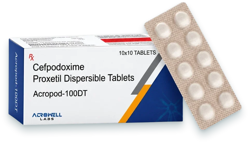 Acropod-100DT (Cefpodoxime 100mg Dispersible Tablet) tablets pack by Acrowell Labs