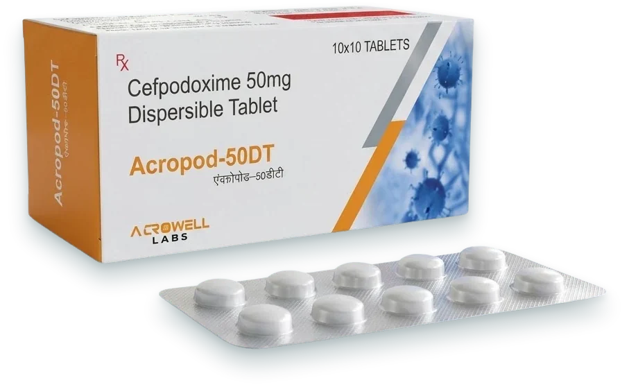 Acropod-50DT (Cefpodoxime 50mg Dispersible Tablet) tablets pack by Acrowell Labs