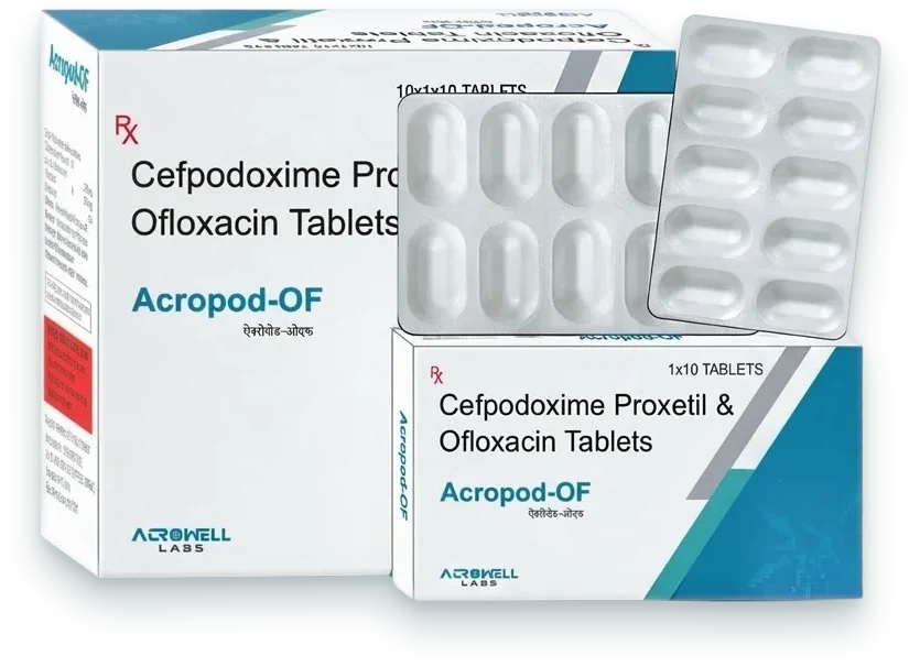 Acropod-OF (Cefpodoxime 200mg + Ofloxacin 200mg Tablet) tablets pack by Acrowell Labs