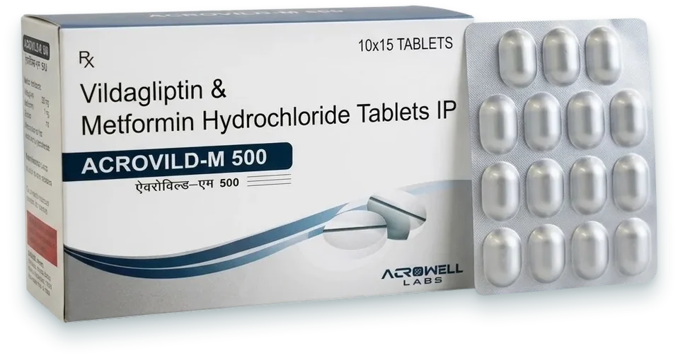 Acrovild-M 500 (Vildagliptin 50mg + Metformin 500mg Tablet) tablets pack by Acrowell Lifecare