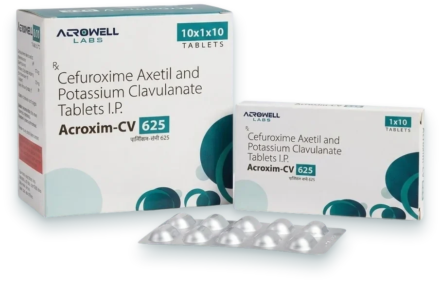 Acroxime-CV 625 (Cefuroxime Axetil 500mg + Clavulanate 125mg Tablet) tablets pack by Acrowell Labs