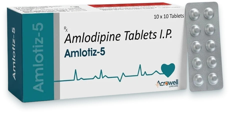 Amlotiz-5 (Amlodipine 5mg Tablet) tablets pack by Acrowell Lifecare