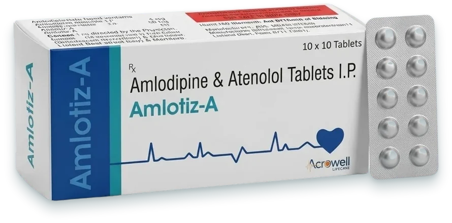 Amlotiz-A (Amlodipine 5mg + Atenolol 50mg Tablet) tablets pack by Acrowell Lifecare