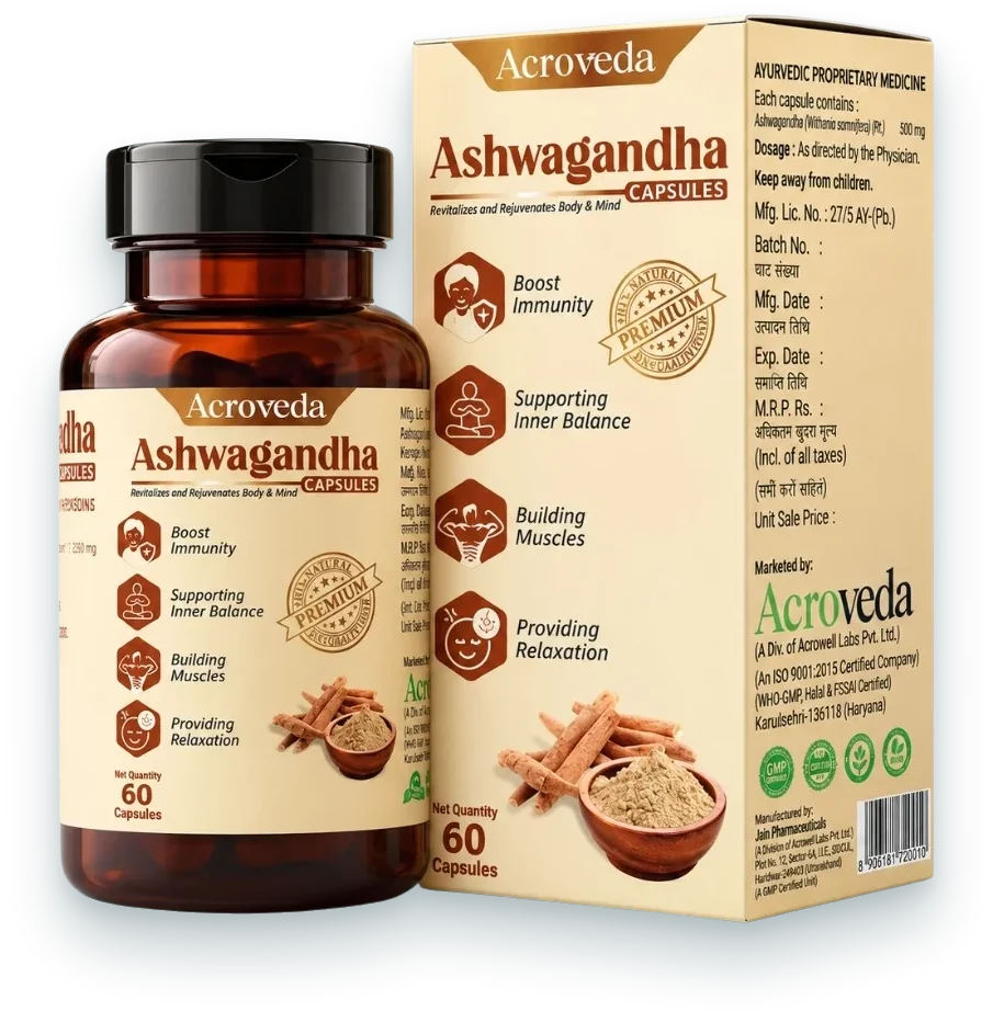 Ashwagandha (Ayurvedic Revitaliser Capsules) capsules pack by Acroveda