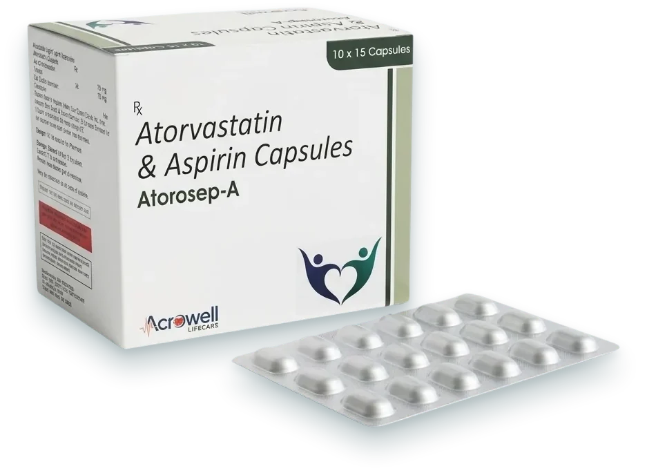 Atorosep-A (Atorvastatin 10mg + Aspirin 75mg Tablet) tablets pack by Acrowell Lifecare