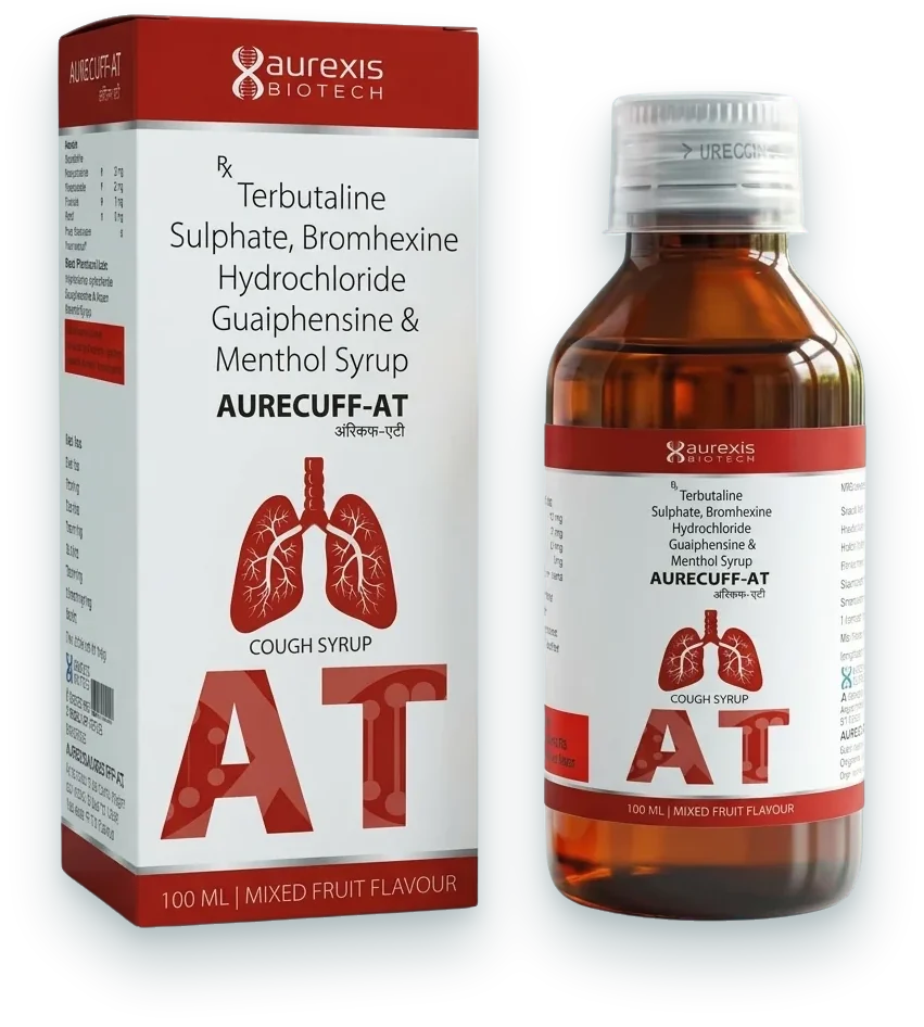 Aurecuff-AT (Ambroxol 15mg + Terbutaline 1.25mg + Guaiphenesin 50mg + Menthol…) syrups & suspensions pack by Aurexis Biotech