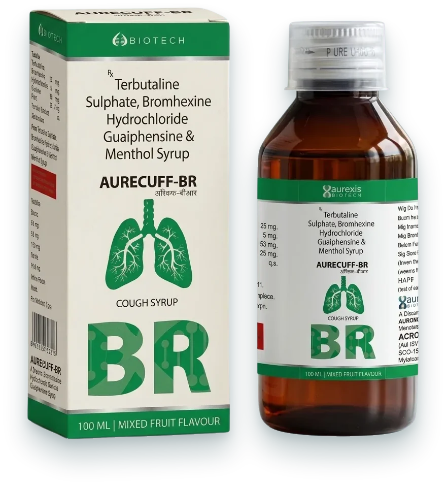 Aurecuff-BR (Terbutaline 1.25mg + Bromhexine 4mg + Guaiphenesin 50mg + Menthol…) syrups & suspensions pack by Aurexis Biotech