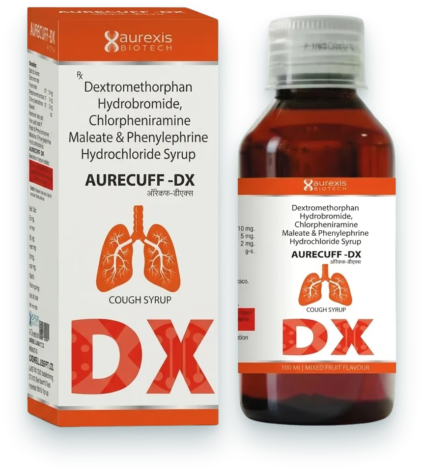 Aurecuff-DX (Dextromethorphan 10mg + Phenylephrine 5mg + Chlorpheniramine…) syrups & suspensions pack by Aurexis Biotech