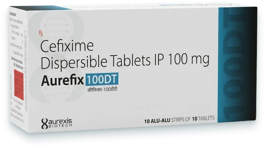 Aurefix-100DT (Cefixime Dispersible Tablet IP 100mg) tablets pack by Aurexis Biotech