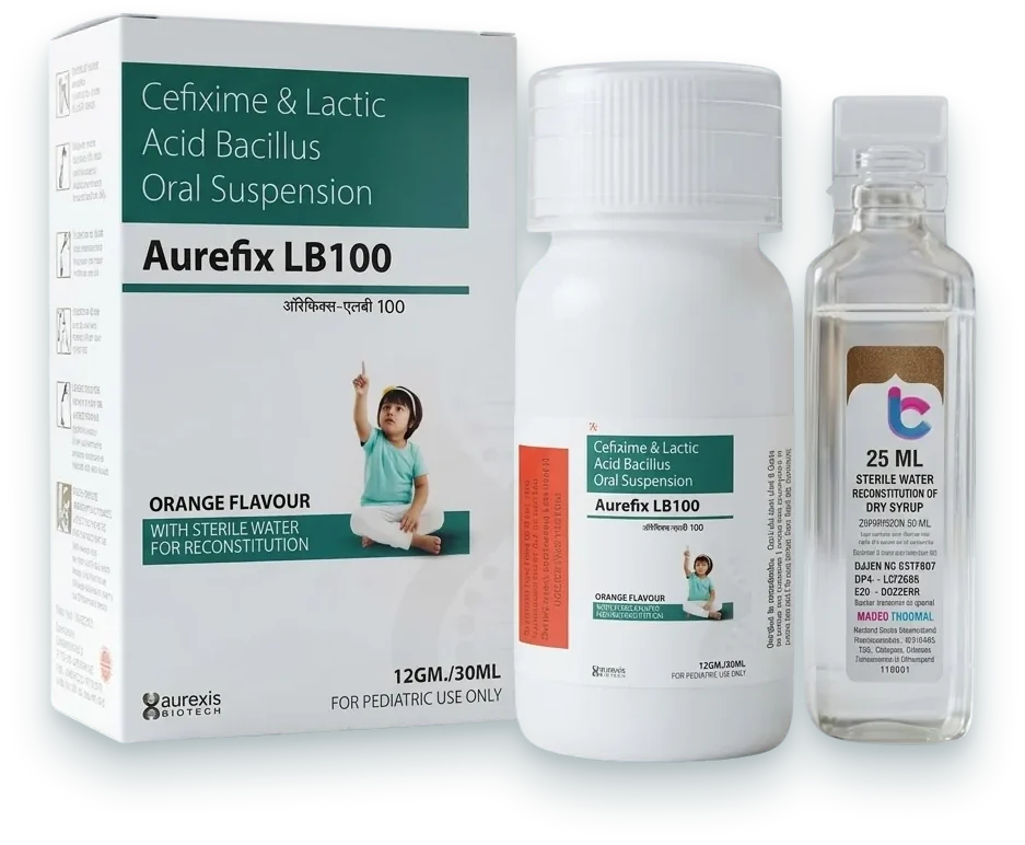 Aurefix-LB100 (Cefixime + Lactic Acid Bacillus Oral Suspension) syrups & suspensions pack by Aurexis Biotech