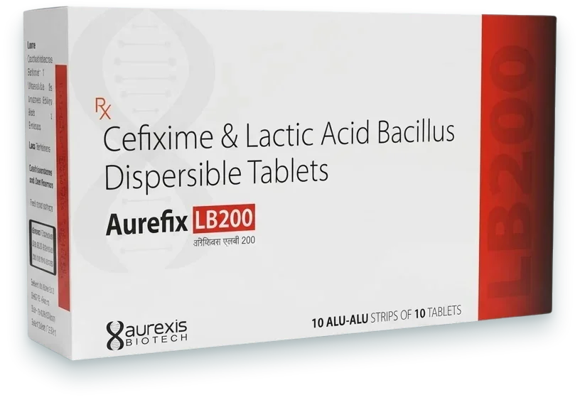 Aurefix-LB200 (Cefixime + Lactic Acid Bacillus Dispersible Tablet) tablets pack by Aurexis Biotech