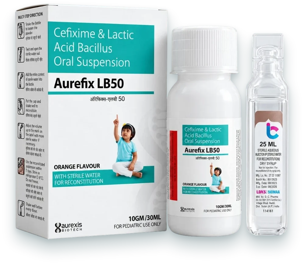 Aurefix-LB50 (Cefixime + Lactic Acid Bacillus Oral Suspension) syrups & suspensions pack by Aurexis Biotech