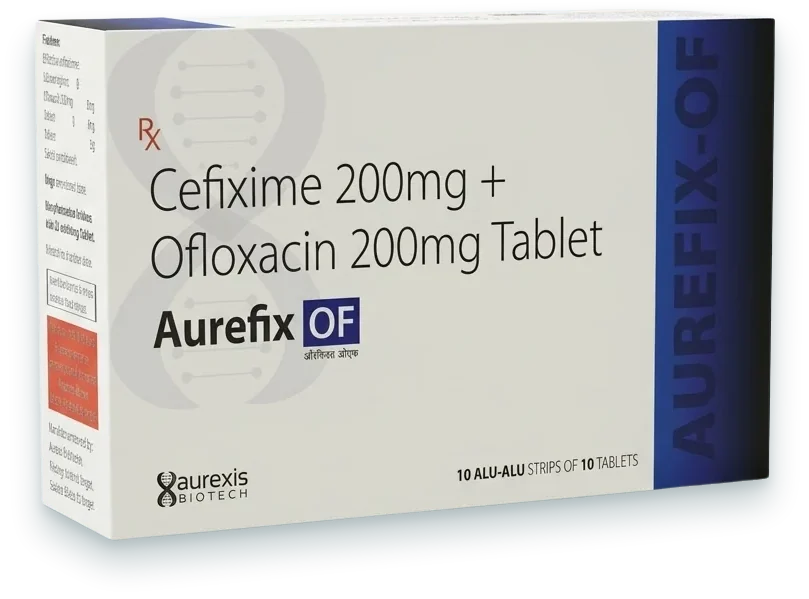 Aurefix-OF (Cefixime 200mg + Ofloxacin 200mg Tablet) tablets pack by Aurexis Biotech