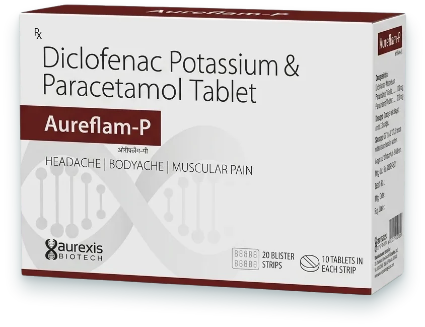 Aureflam-P (Diclofenac Potassium 50mg + Paracetamol 325mg Tablet) tablets pack by Aurexis Biotech