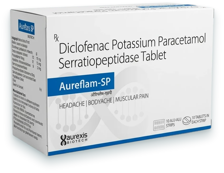 Aureflam-SP (Diclofenac Potassium 50mg + Paracetamol 325mg + Serratiopeptidase…) tablets pack by Aurexis Biotech