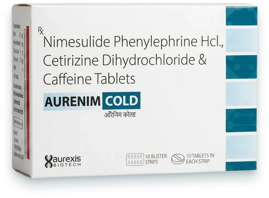 Aurenim Cold (Nimesulide 100mg + Phenylephrine 10mg + Cetirizine 5mg + Caffeine…) tablets pack by Aurexis Biotech