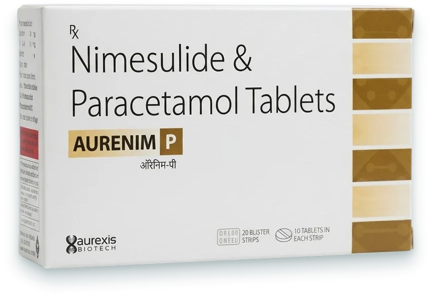 Aurenim-P (Nimesulide 100mg + Paracetamol 325mg Tablet (Amber Packing)) tablets pack by Aurexis Biotech