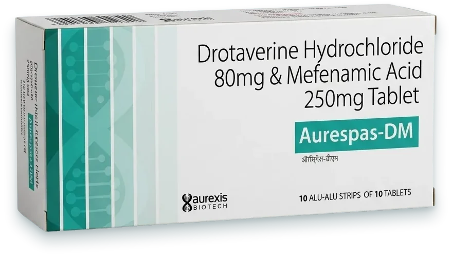 Aurespas-DM (Drotaverine 80mg + Mefenamic Acid 250mg Tablet) tablets pack by Aurexis Biotech